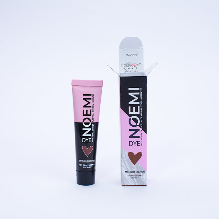 NOEMI lash and brow dye tube and packaging on a white background