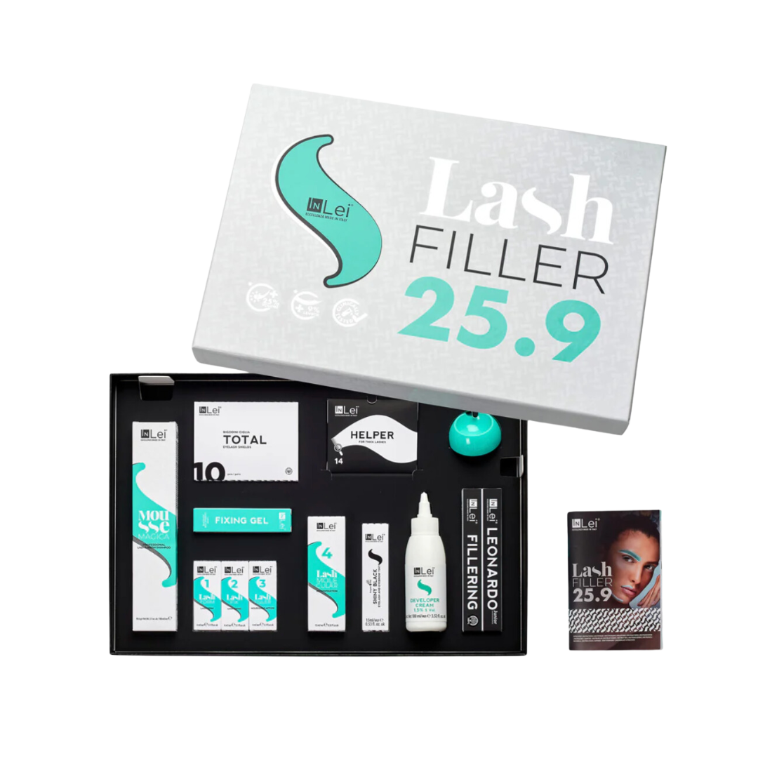 InLei Eyelash filler product set with packaging and applicator on a white background