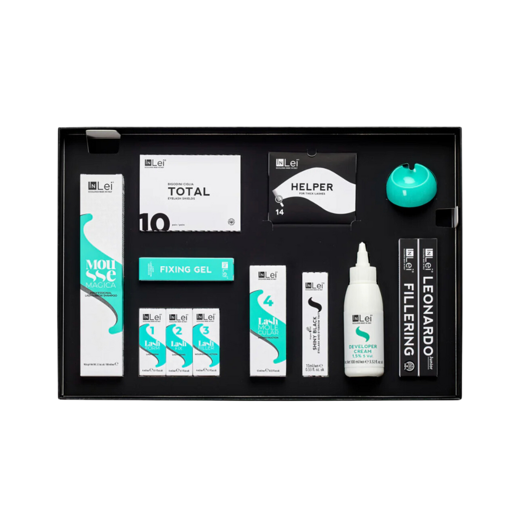 InLei Lash filler kit, products on a black tray with a white background