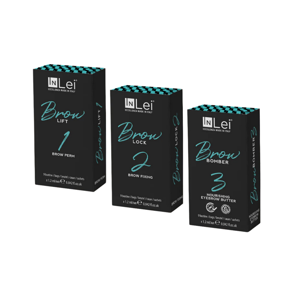 Three boxes of inLei eyebrow products on a white background