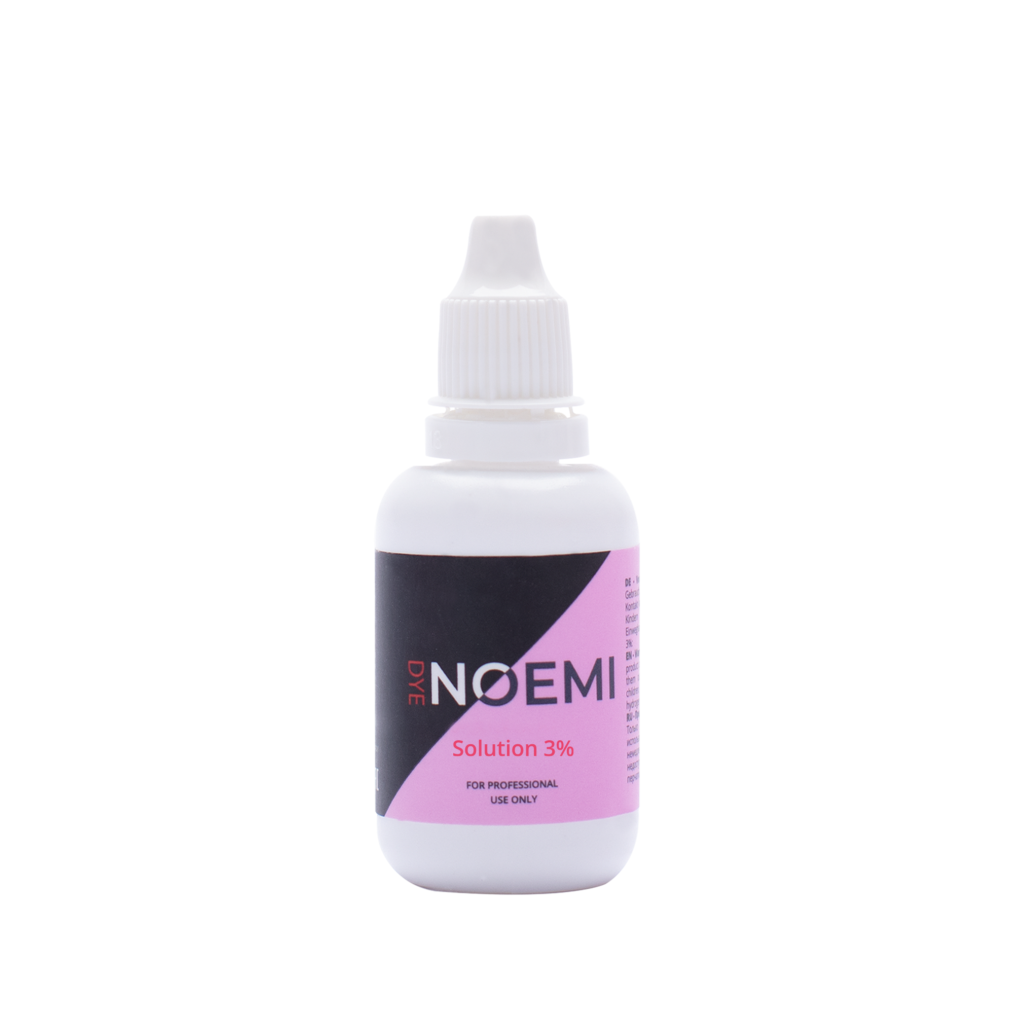 Bottle of NOEMI solution 3% on a white background