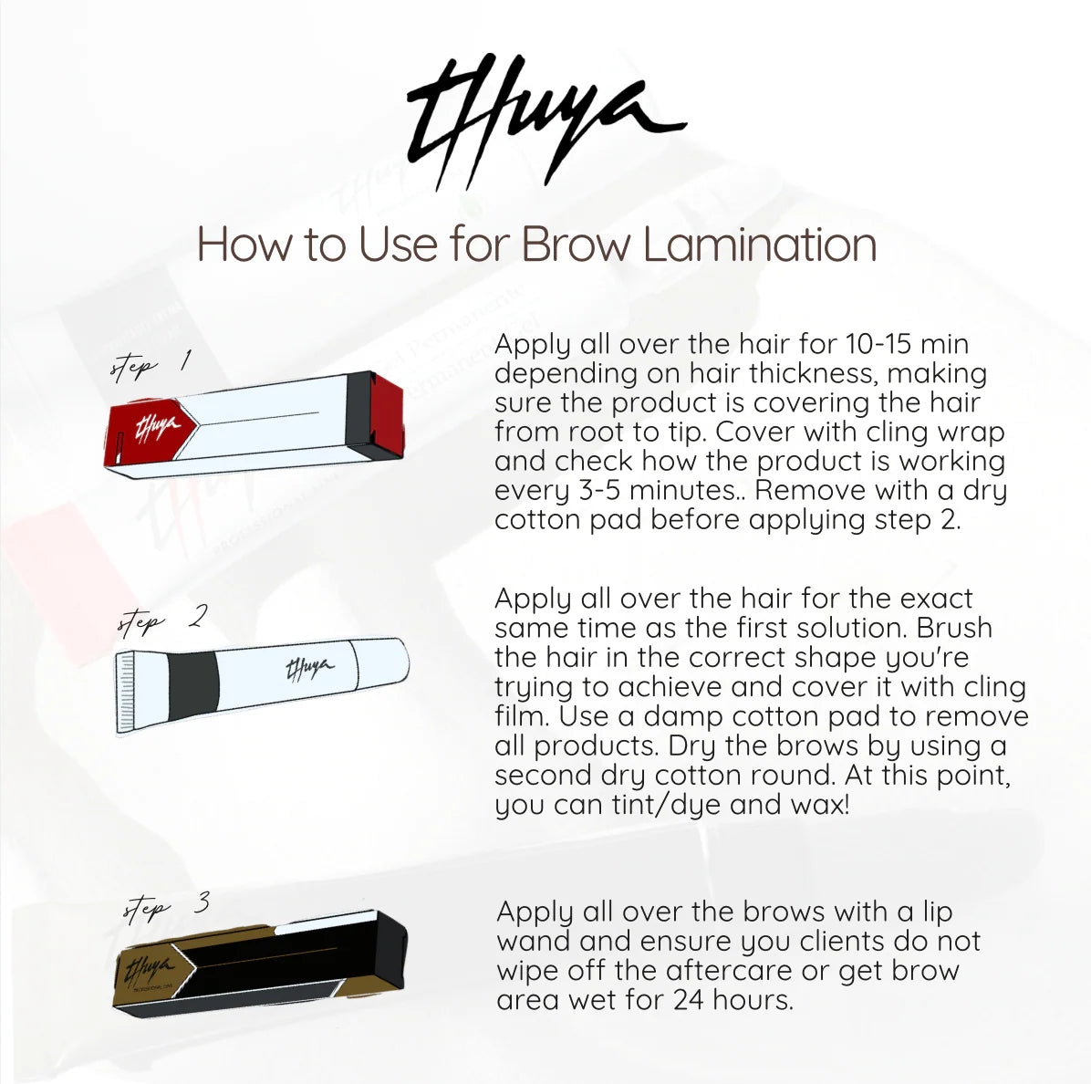 Instructions on how to use for brow lamination with thuya brand on a white background