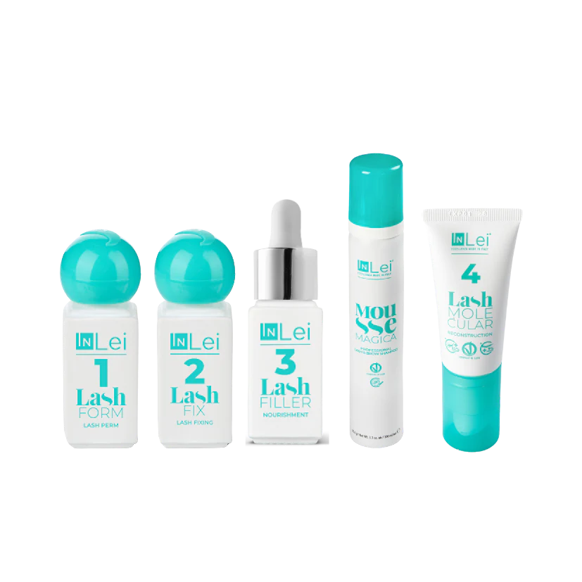 Set of skincare products with turquoise caps and white bodies on a white background