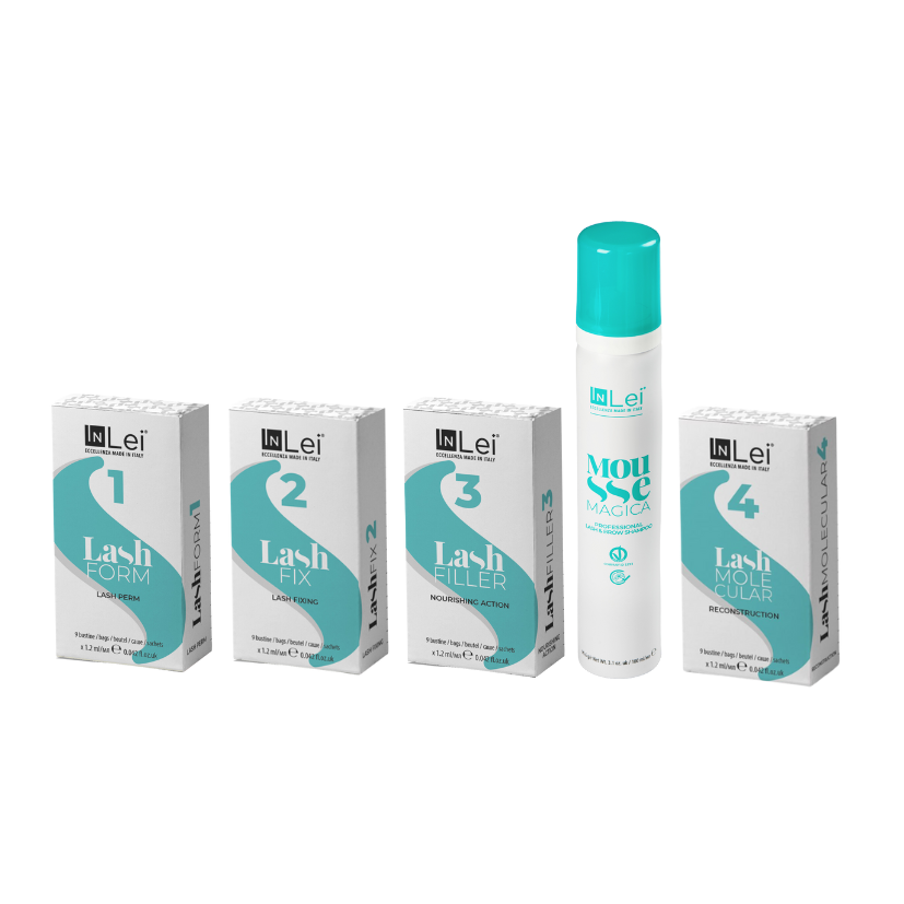 Set of IN Lei lash products including boxes and a bottle on a white background