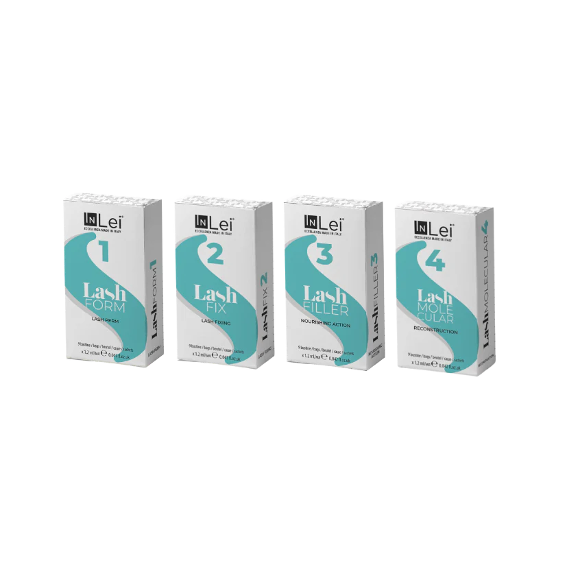 Four boxes of IN Lei Lash products on a white background