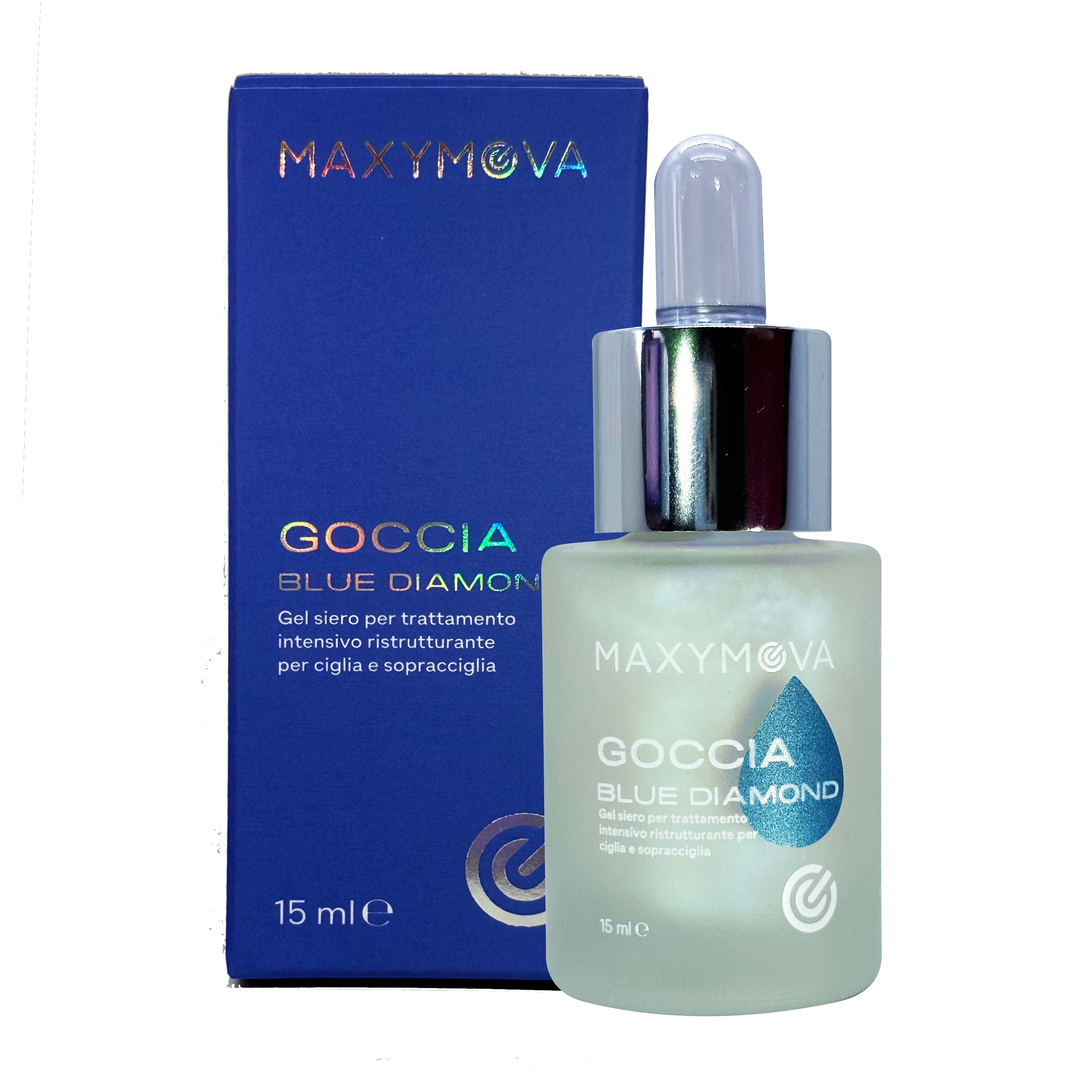 Maxymova Goccia Blue Diamond skincare serum bottle with packaging on a white background