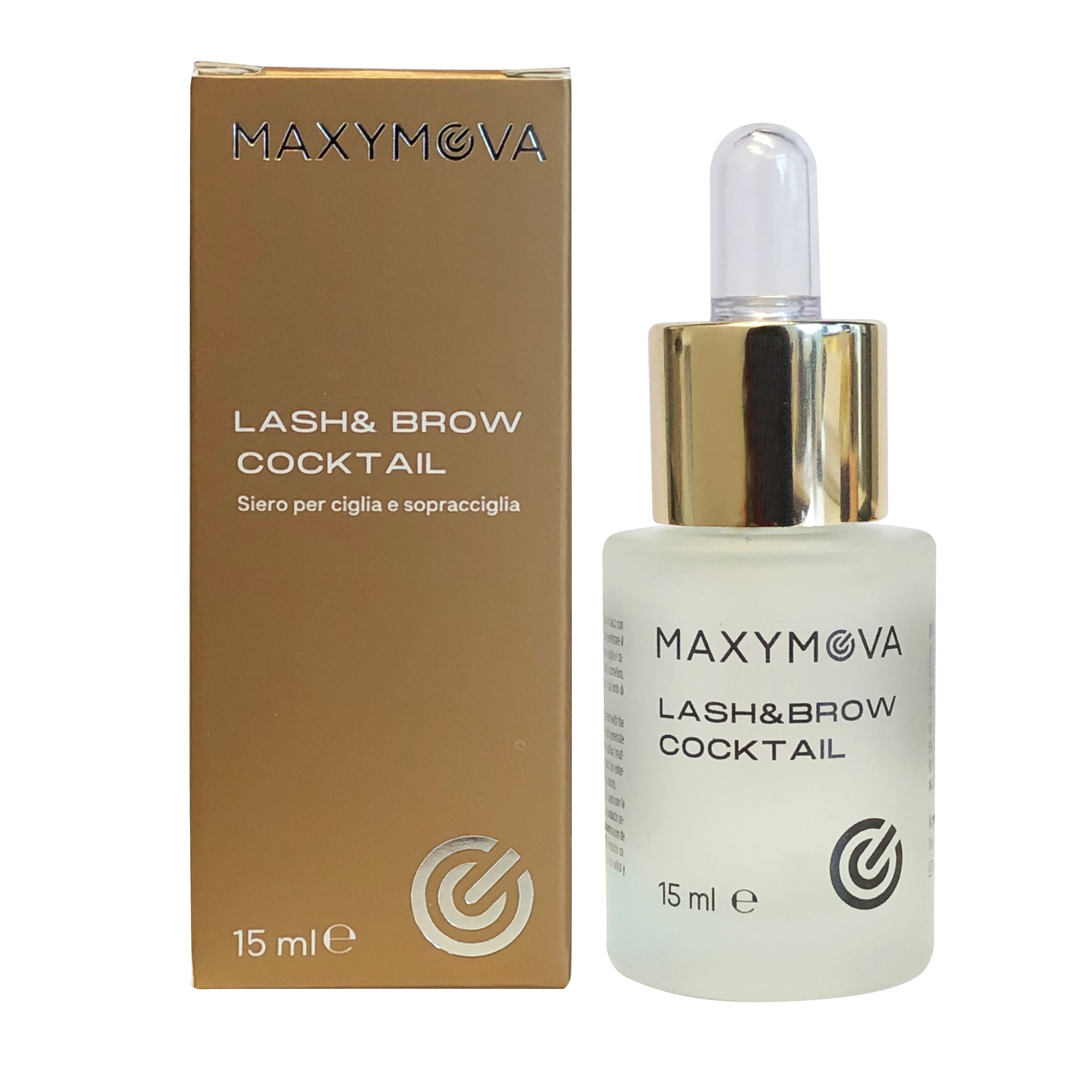 Maxymova Lash & Brow Cocktail serum bottle and packaging on a white background